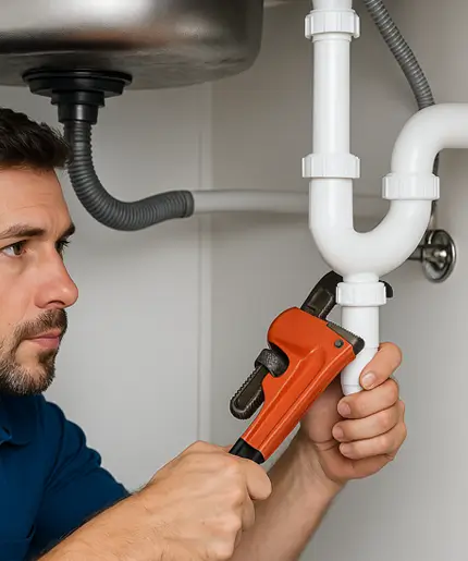 Plumber fixing kitchen sink pipe in Katy TX