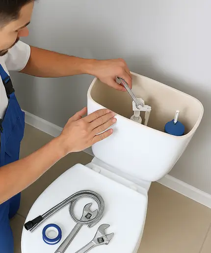Plumber repairing toilet in Katy, TX